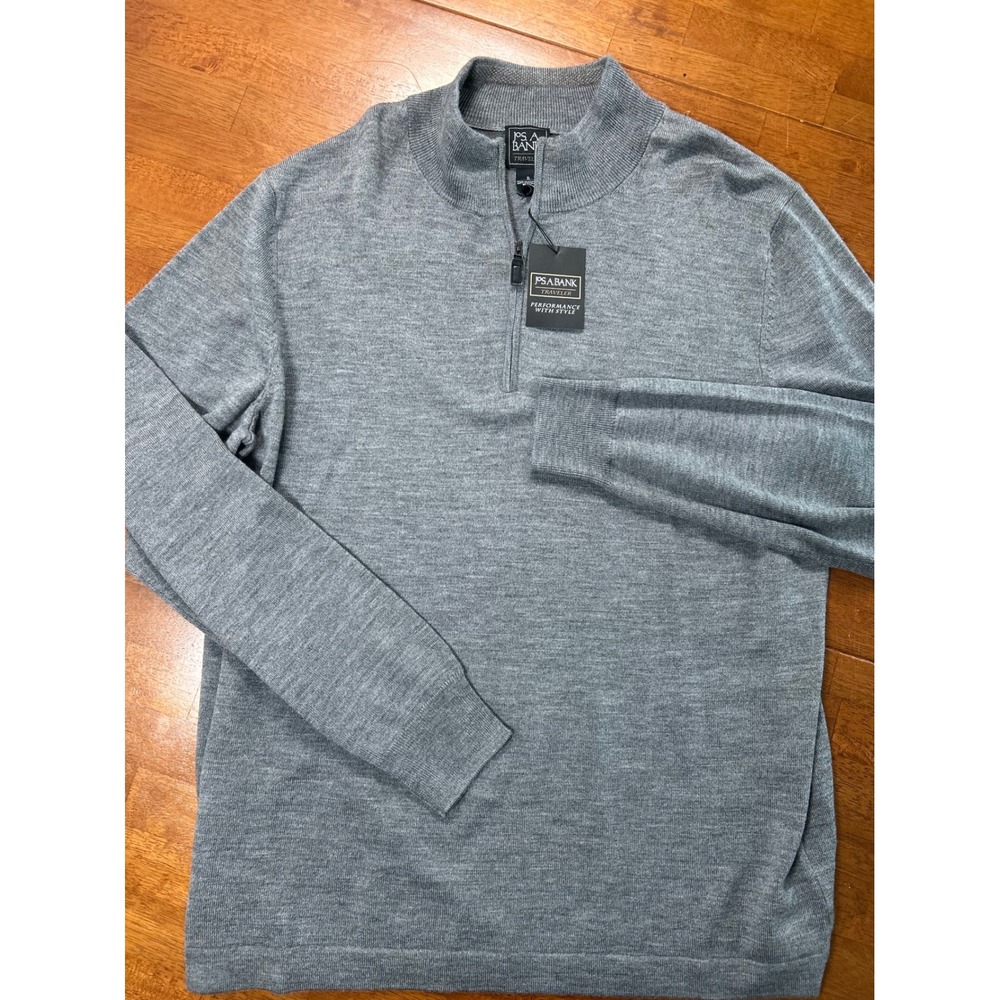 New Jos. A. Bank Traveler Sweater Mens XL Gray Merino Wool Quarter Zip Pullover